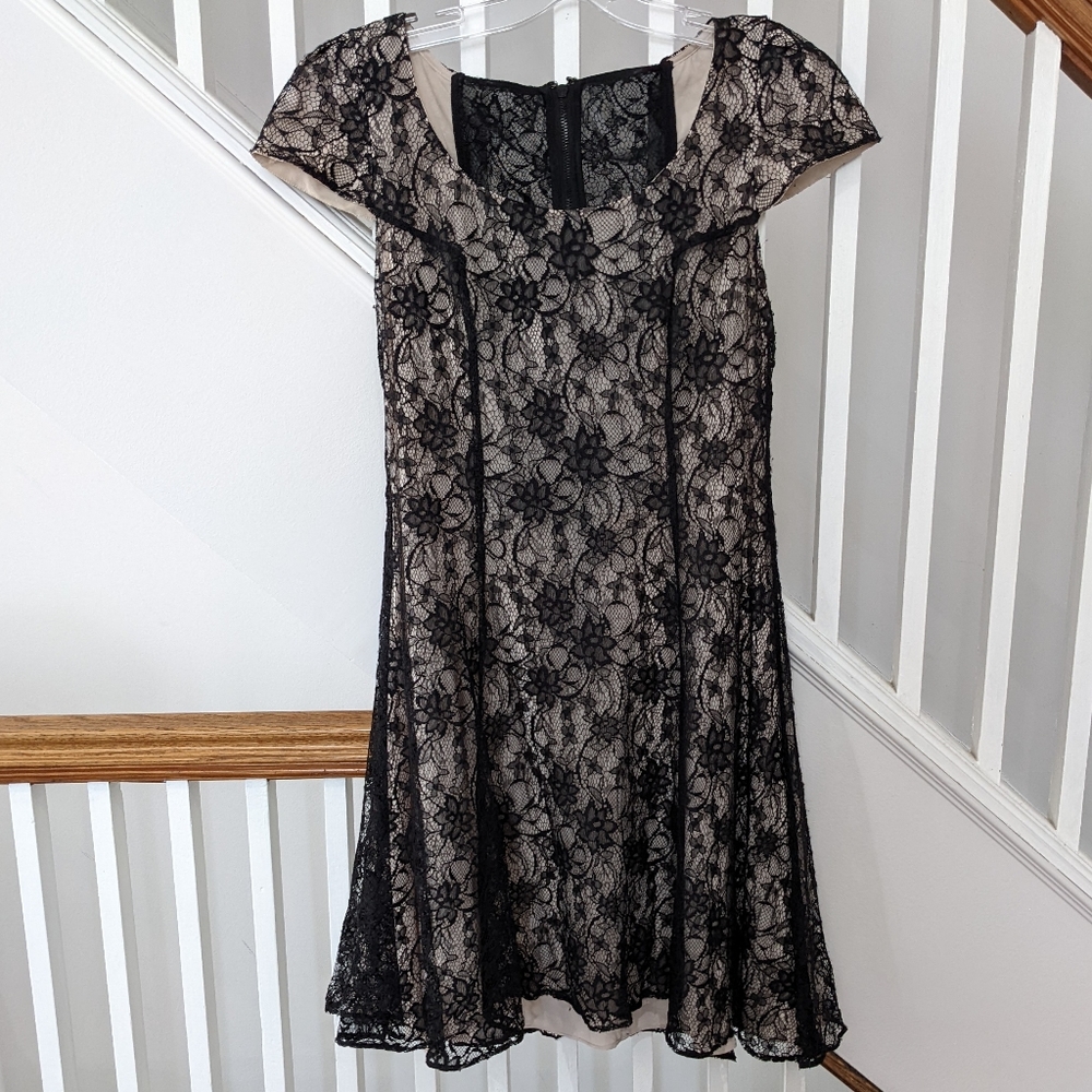 Alice and Olivia Lace Overlay Fit and Flare Dress